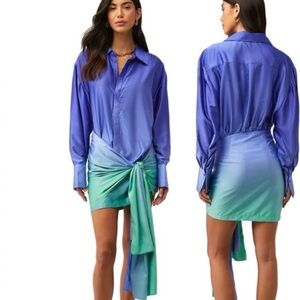 Bardot Satin Dress in Blue and Green